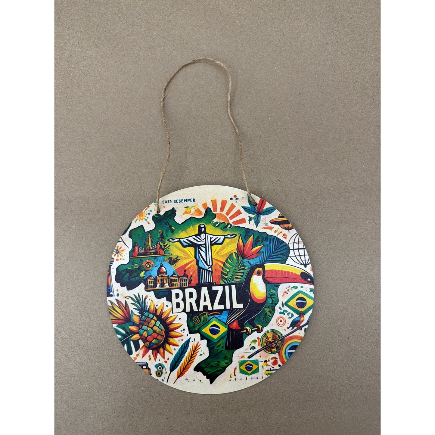 Wooden Barrel style Brazil Plaque. 18cm diameter