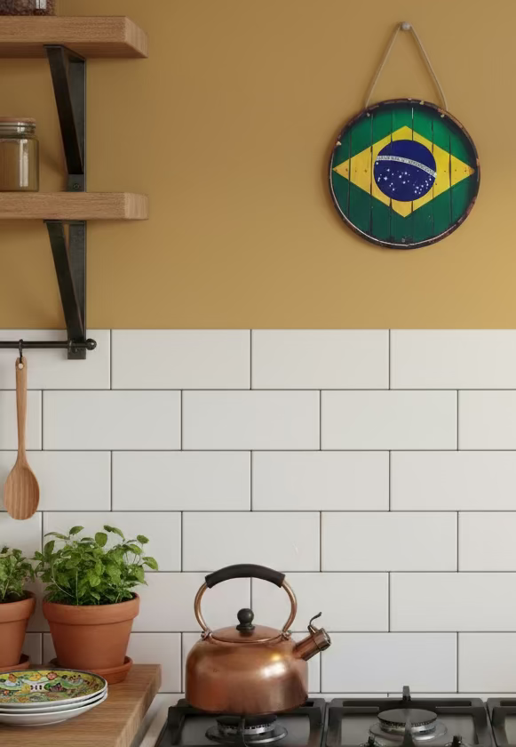 Wooden Barrel style Brazil Flag Plaque. 18cm diameter