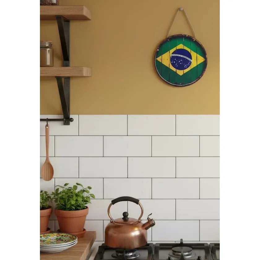 Wooden Barrel style Brazil Flag Plaque. 18cm diameter