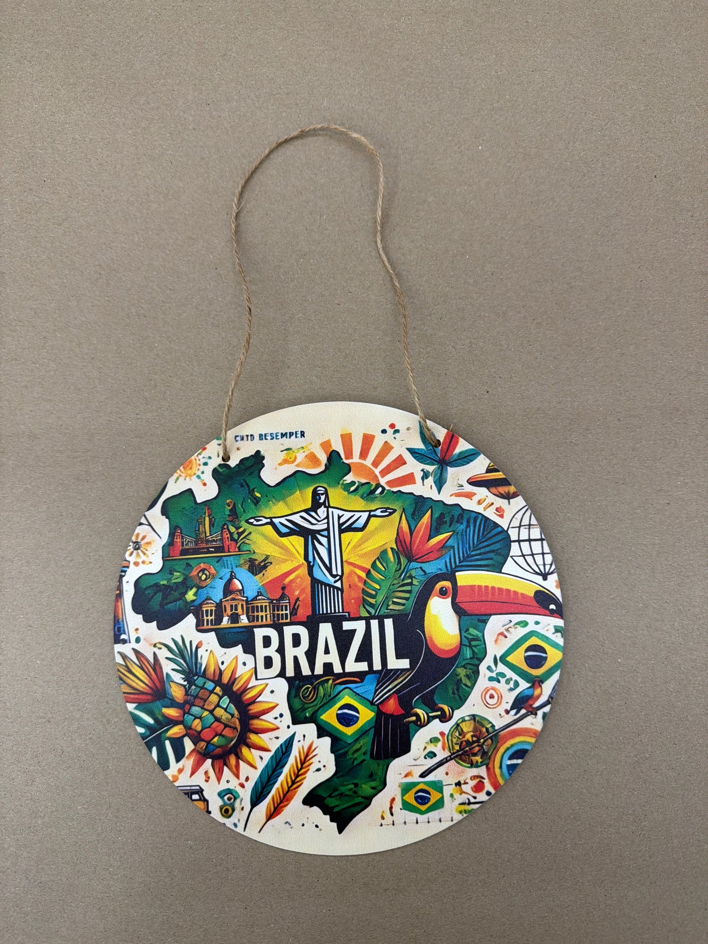 Wooden Barrel style Brazil Plaque.  18cm diameter