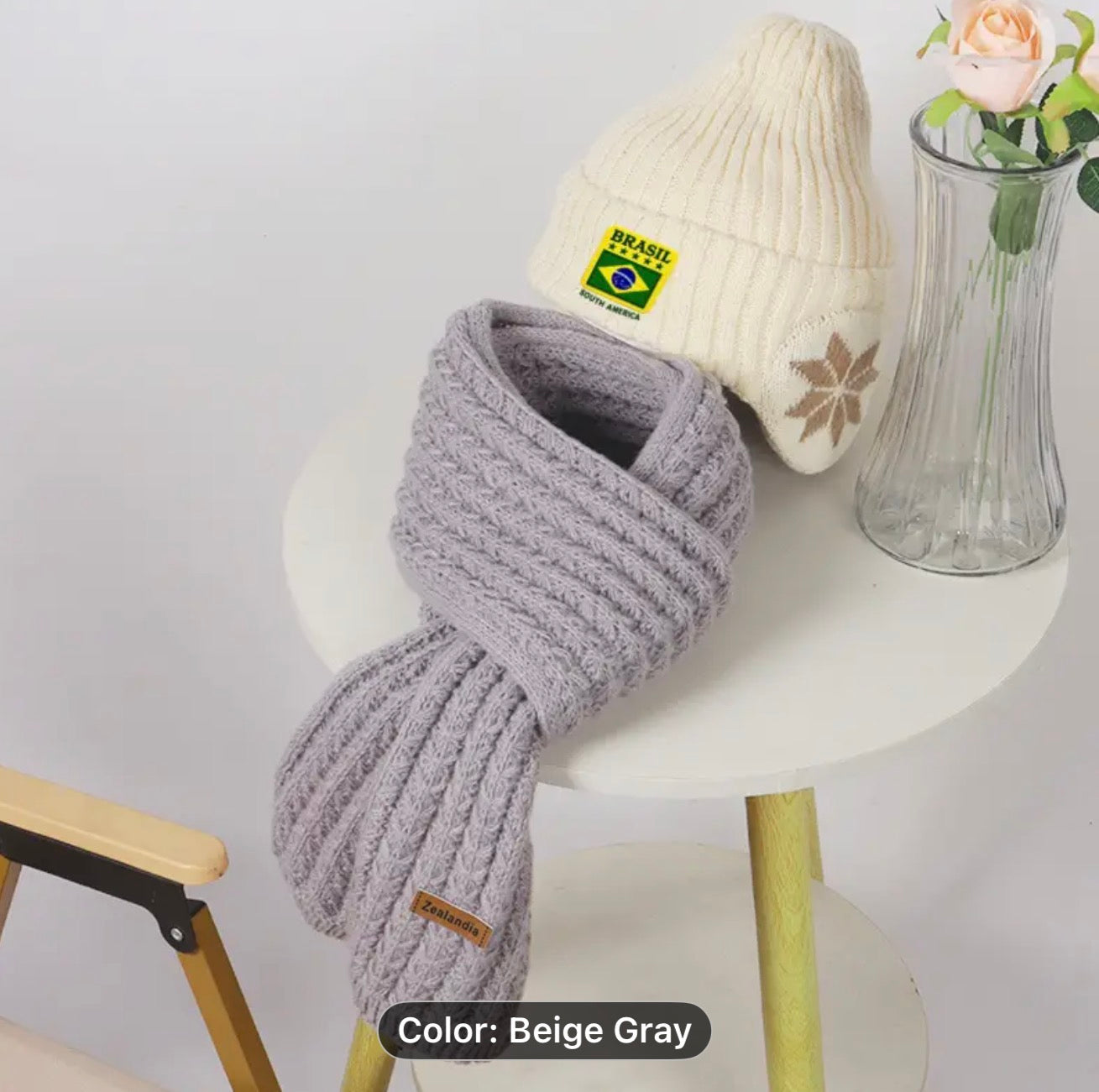 Luxury Woollen / Beanie Hat and Scarf set - Brazil White Grey