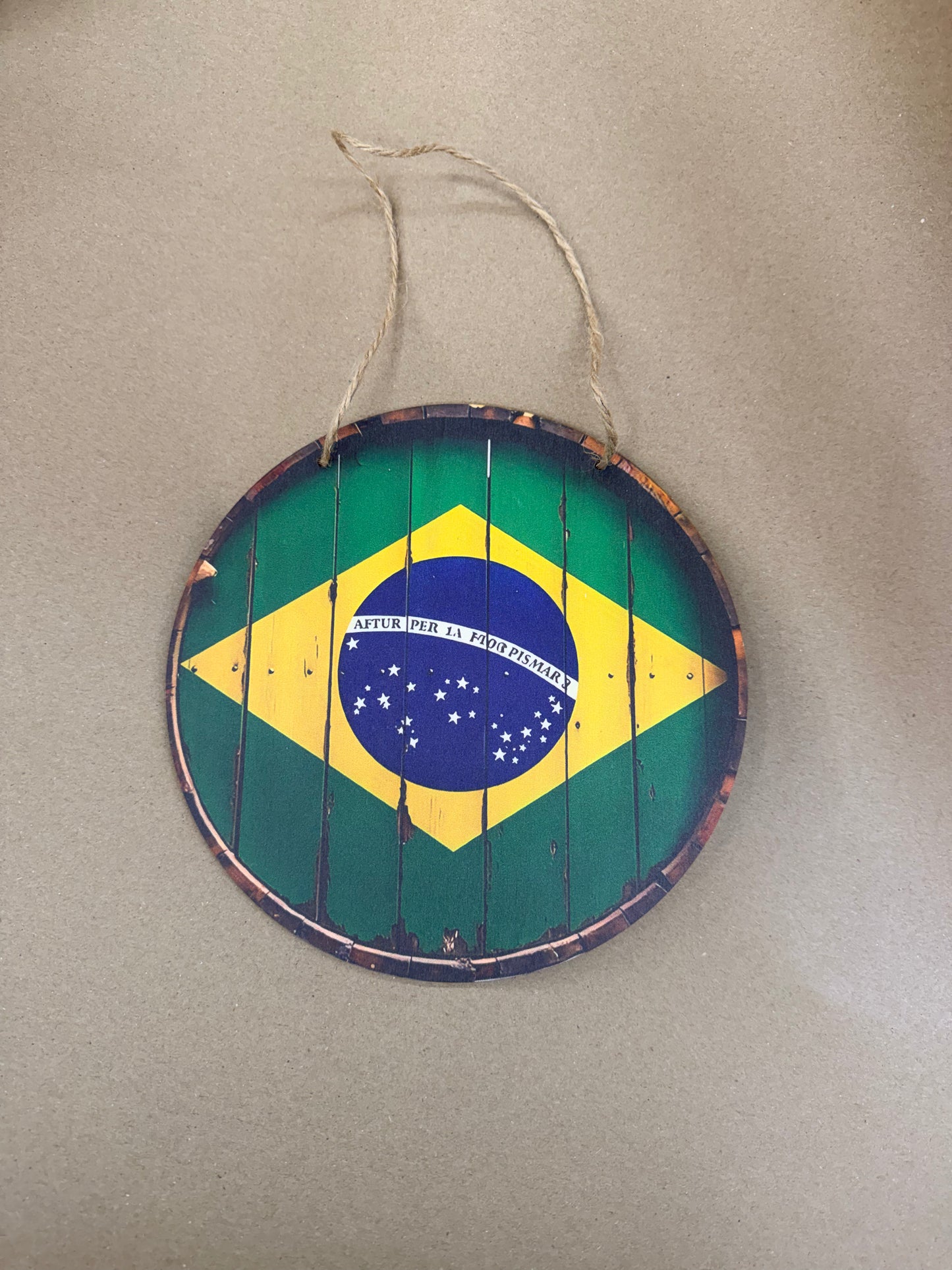 Wooden Barrel style Brazil Flag Plaque.  18cm diameter